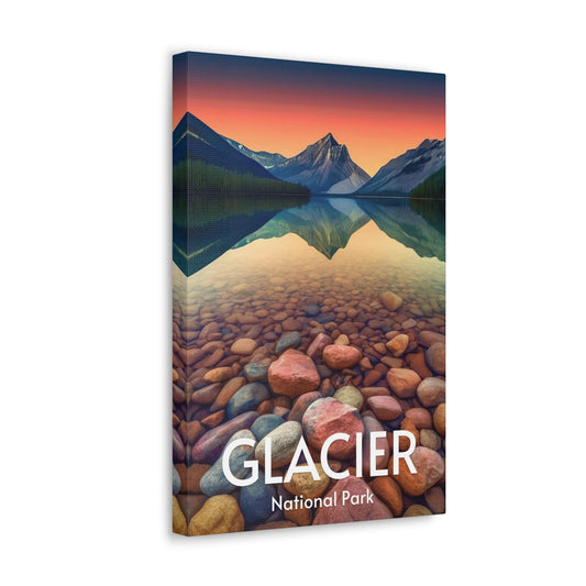 Glacier National Park Canvas, colorful pebbles at lake McDonald, mountain view in the background