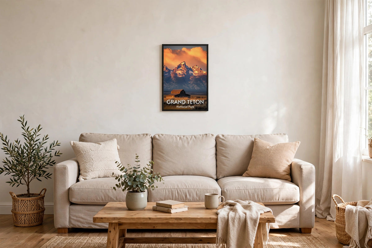 Grand Teton framed poster styled in a living room