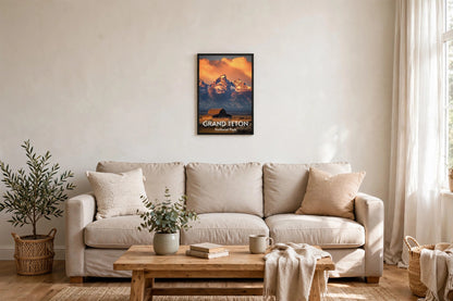 Grand Teton framed poster styled in a living room