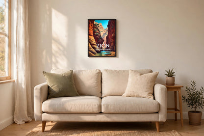 Zion framed poster styled in a living room
