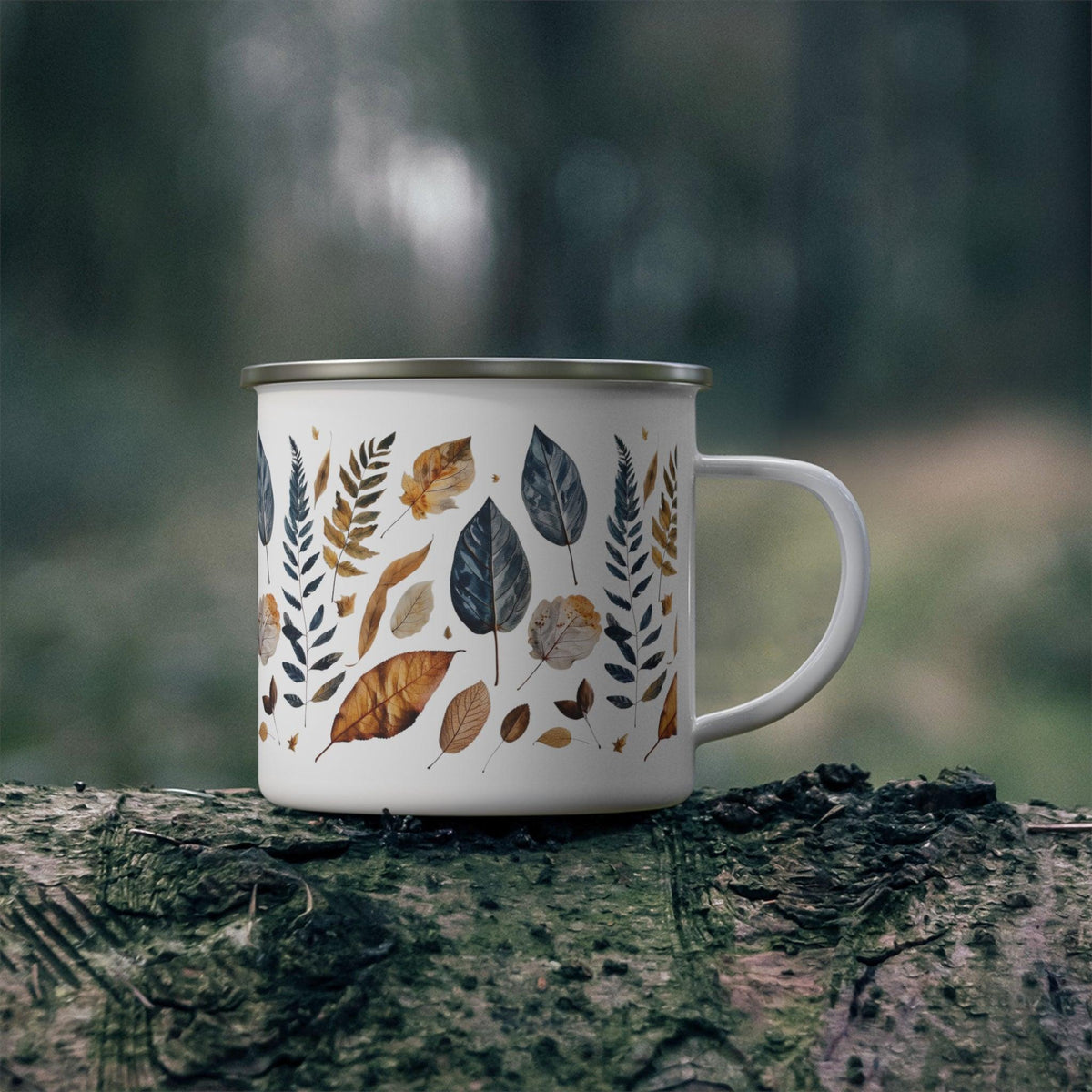 Pressed Fall Leaves Enamel Camping Mug